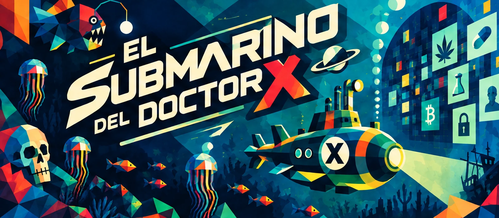 El Submarino del DoctorX: un submarino y criaturas de las profundidades, ilustrados a color.