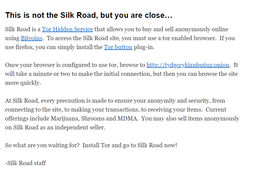 Captura histórica del anuncio de Silk Road publicado en 2011