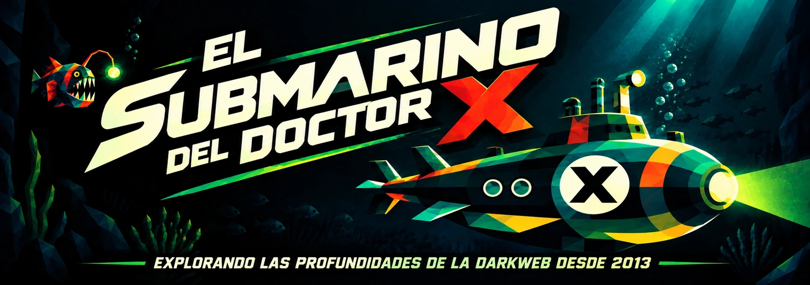 El Submarino del DoctorX: un submarino y criaturas de las profundidades, ilustrados a color.